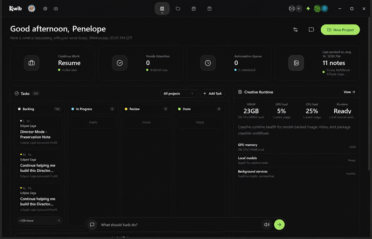 Kwib desktop dashboard greeting Penelope and showing projects, tasks, and local runtime status