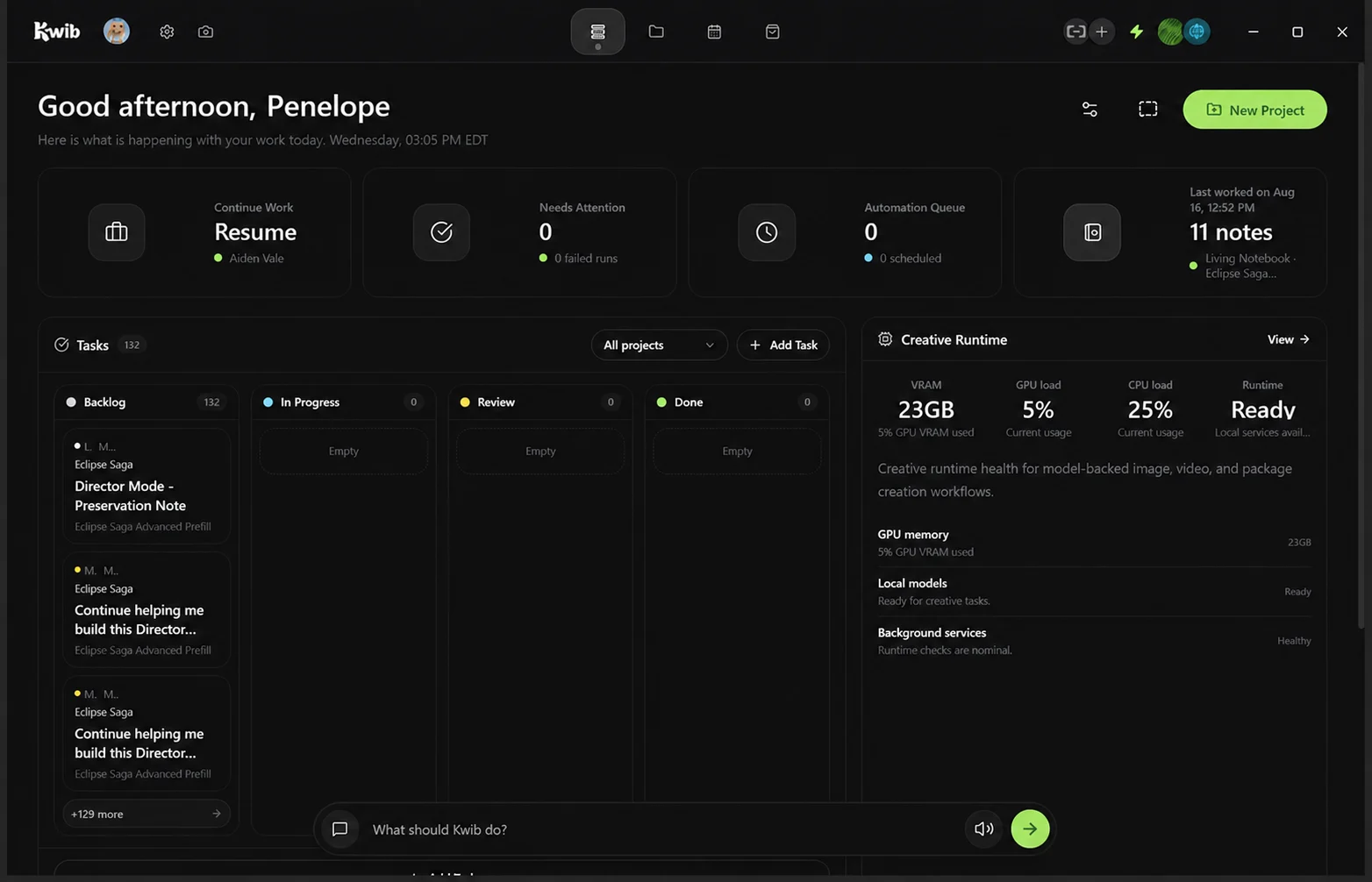 Kwib desktop dashboard greeting Penelope and showing projects, tasks, and local runtime status