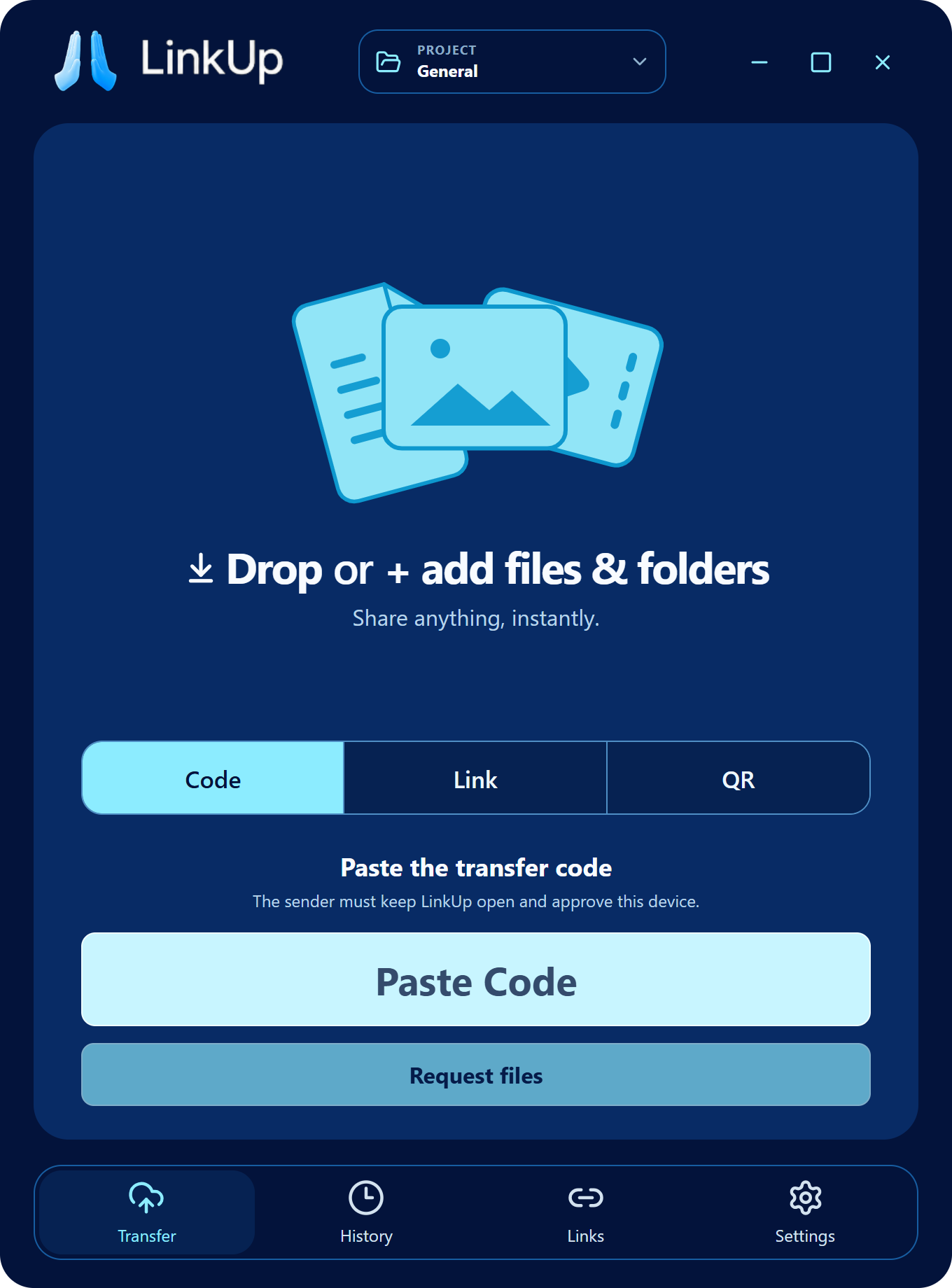 LinkUp desktop app transfer screen with project selector, file drop area, and receive-by-code controls